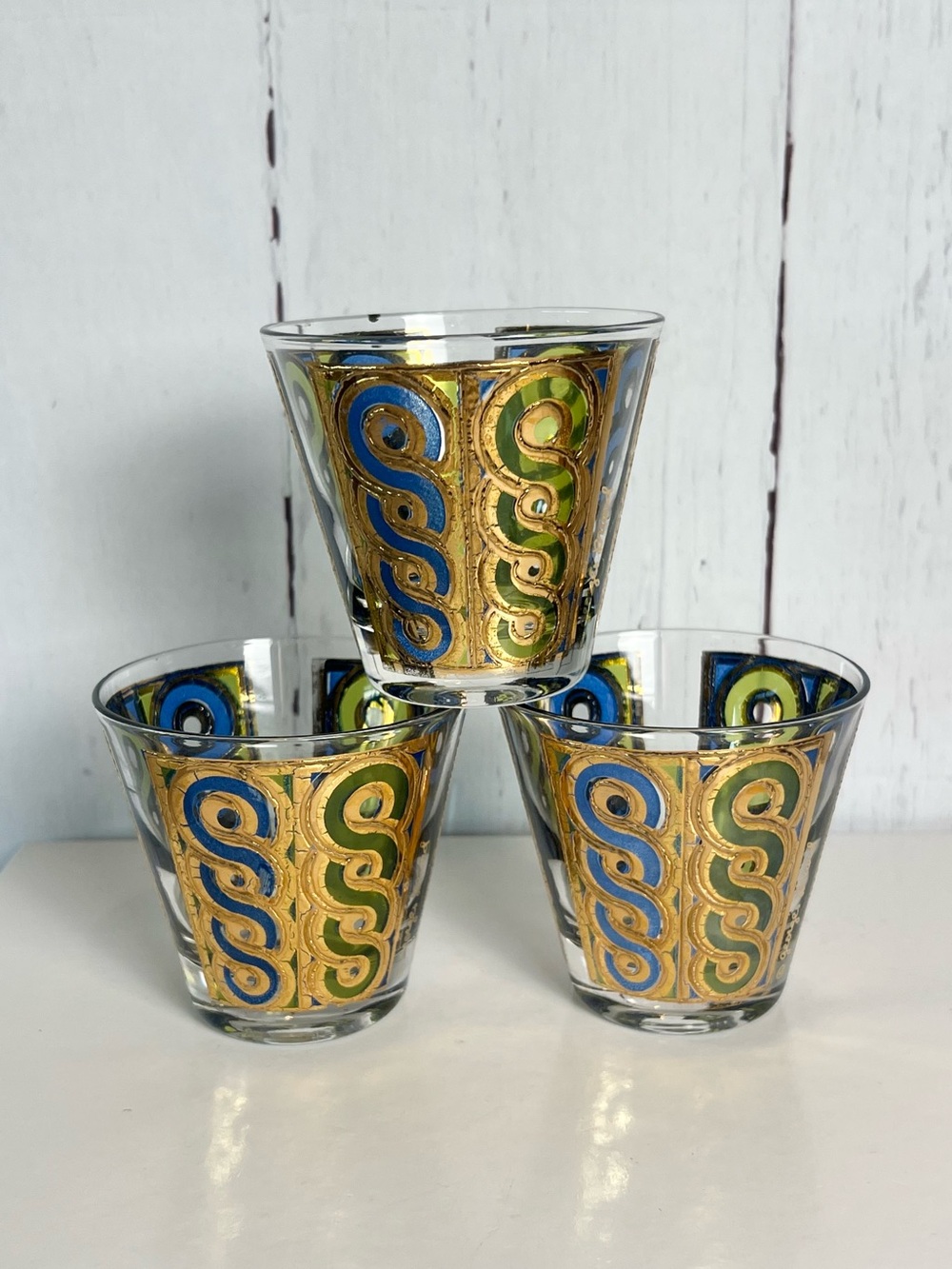 Georges Briard Vintage MCM Firenza Blue Gold Lowball Rocks Glasses Set of 3